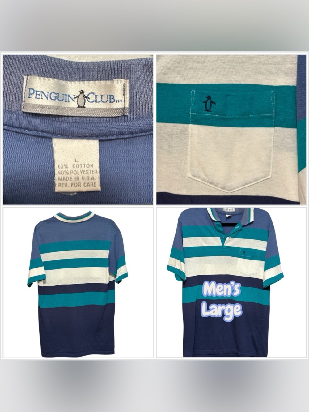 Men’s Original Penguin Club Large 42 44 Polo Shirt Short Sleeve Striped Vintage